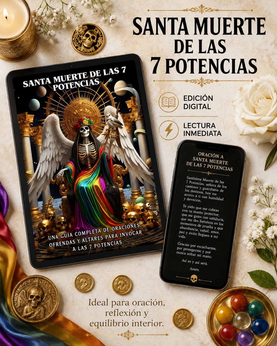 Santa Muerte de las 7 potencias: Una guía completa de oraciones, ofrendas y altares para invocar a las 7 Potencias.