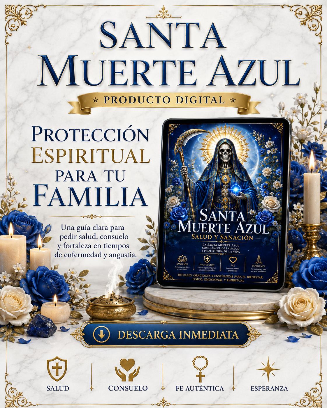 Santa Muerte Azul: Salud y Sanación: La Santa Muerte Azul como Ángel de la Salud y Protectora de la Vida.